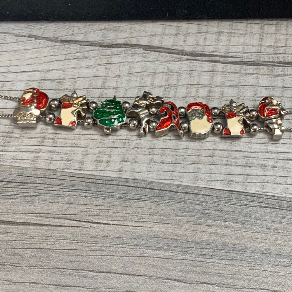 Vintage Christmas Charm Bracelet Silver Tone Enamel Santa Tree Reindeer 7 Inch